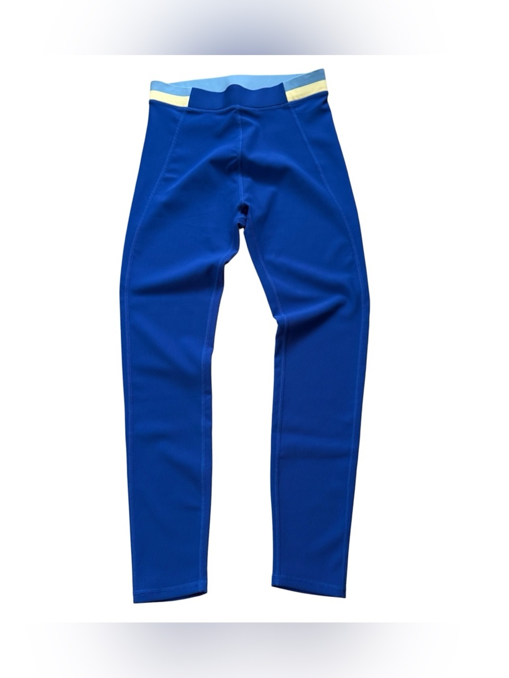 Wilo Cobalt Blue Athletic Leggings with Pale Yellow Colorblock Waistband Accent